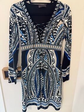 Hale Bob Blue Black White Printed Lace-Up Jersey Dress